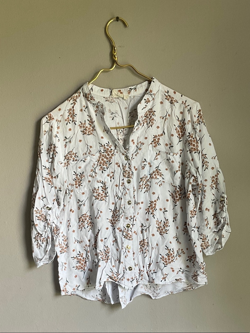 Women's White Button-Down Blouse with Brown Floral Print - Picture 1 of 7